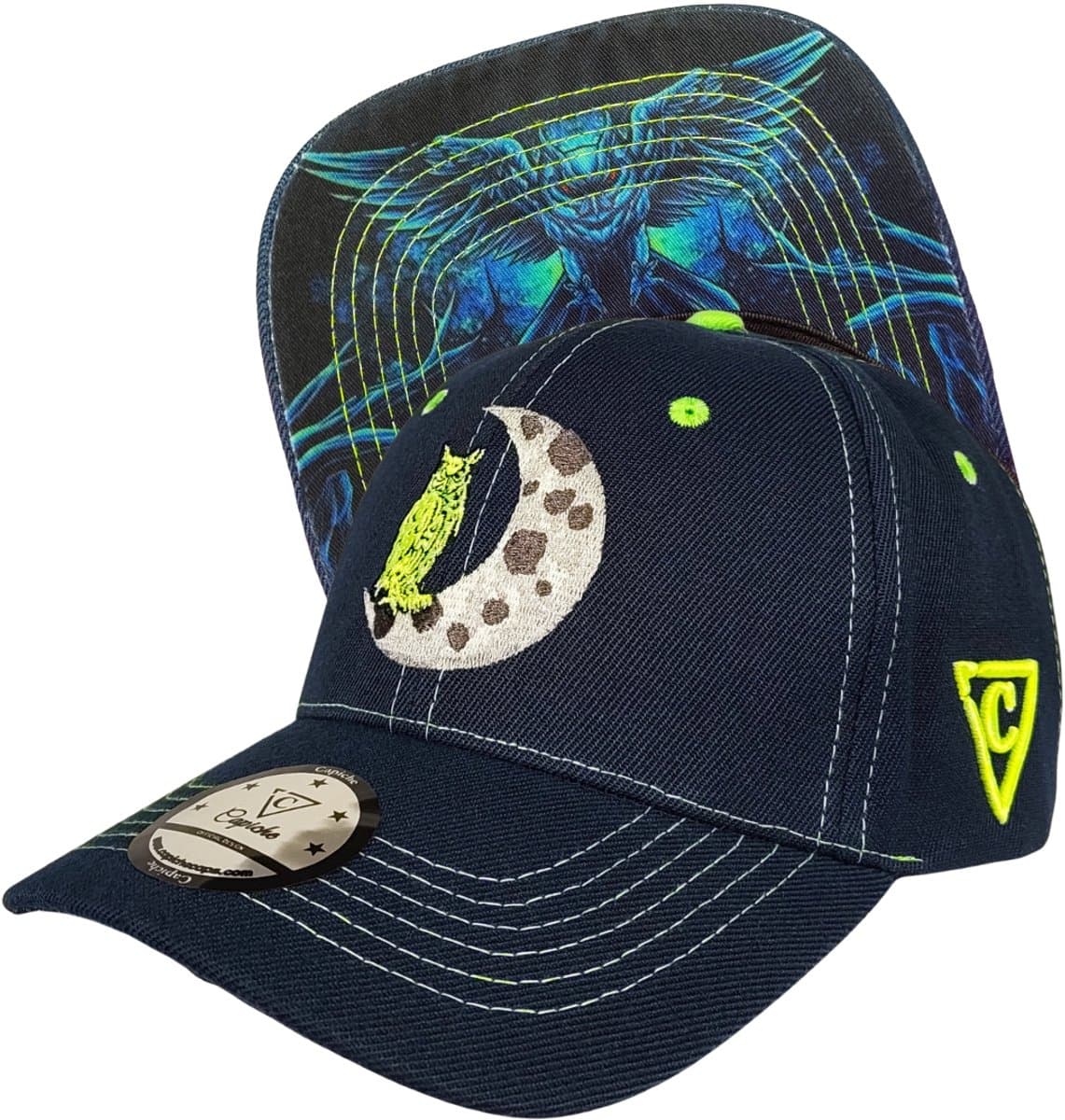 Capiche® Curved Pet – Nacht Uil – Donkerblauw & Neongroene Stiksels – Gebogen Pet – Verstelbaar met Druksluiting – Pet Mannen – Night Owl