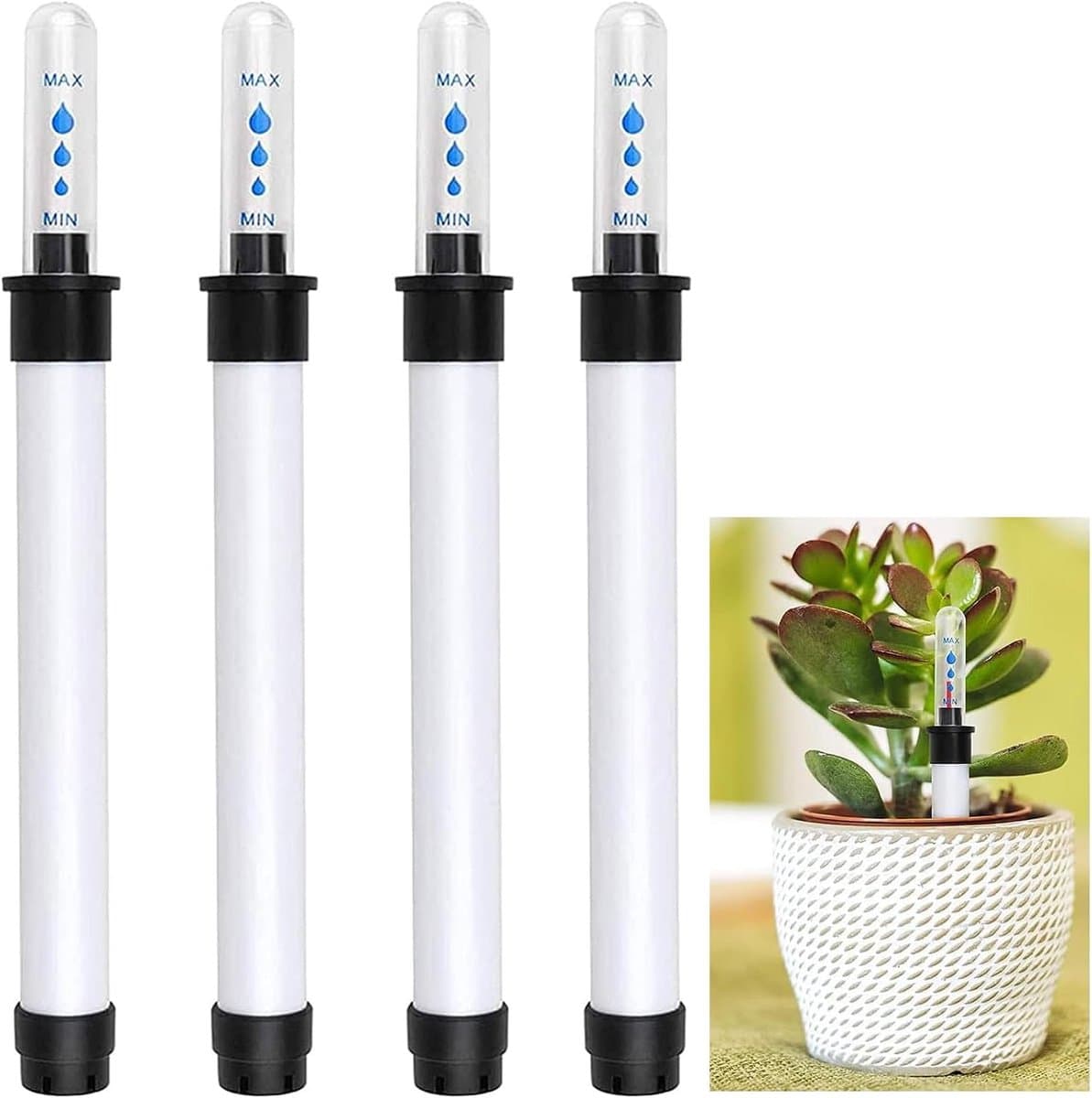 4 stuks - Waterniveaumeter voor bloempotten - Waterniveau-indicator - plantenwaterniveau-indicator - Bodemvochtigheidsmeter - plantenwatermeter - bewateringsmonitor - vochtigheidsindicator voor planten - voor binnen en buitentuinieren - 36 cm - 300ml