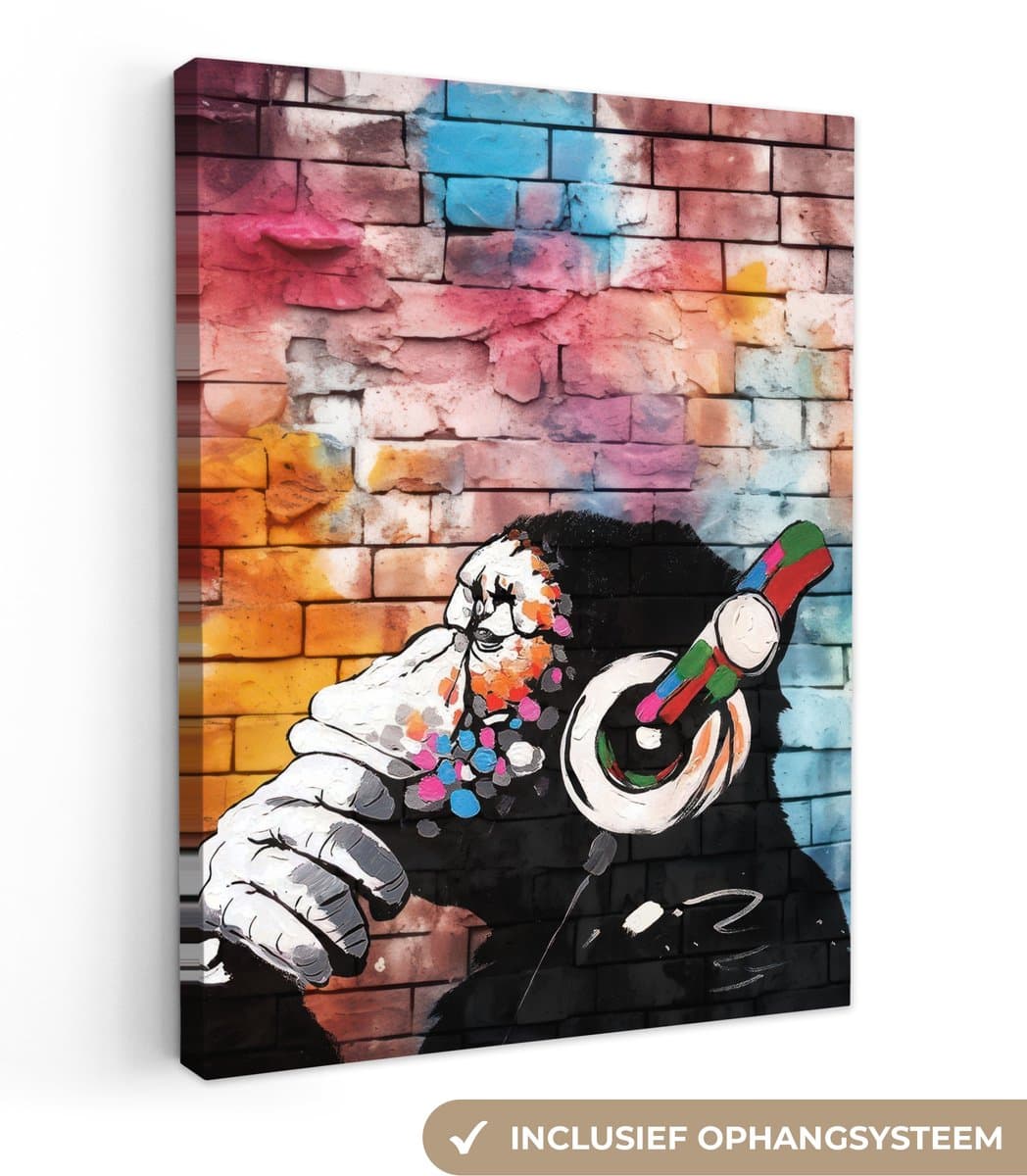 Canvas Schilderij 120x160 cm - Graffiti - Aap - Kleurrijk - Koptelefoon - Art - Dier - Wanddecoratie slaapkamer - Muurdecoratie woonkamer - Interieur decoratie - Schilderijen