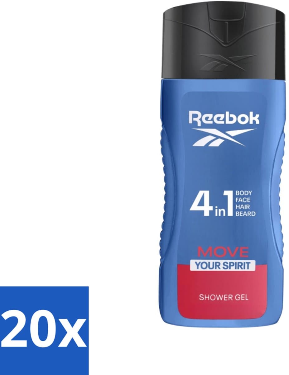20 x Reebok - Move Your Spirit - Douchegel - 4 in 1 - 400 ml - Douchegel 4 In 1 - Douchegel Voor Gezicht - Douchegel Voor Haar - Douchegel Voor Lichaam - Scheerschuim