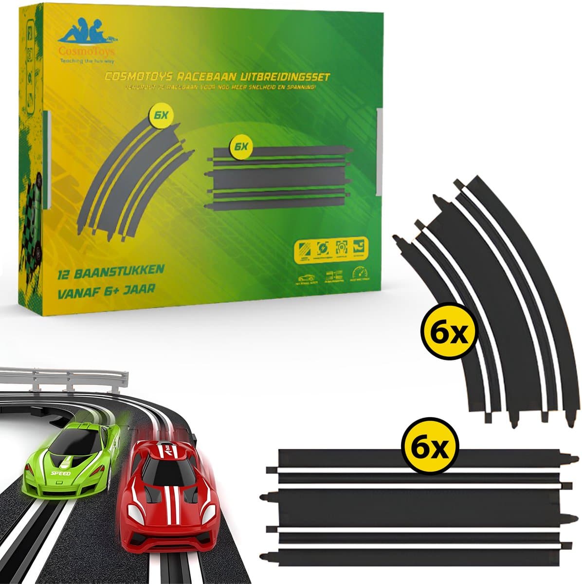 CosmoToys Uitbreidingsset 12 Stuks - Elektrische Racebaan - Auto Speelgoed - voor Kinderen - Autobaan Speelgoed - Kinderspeelgoed - Uitbreidingsset