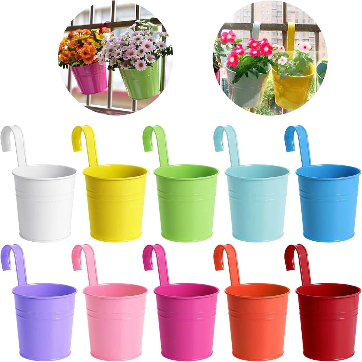 WNHB® Hangende Bloempotten Metaal - Set van 5 Vintage Plantenpotten met Afneembare Haken - Voor Balkon Tuin en Omheining - Gemengde Kleuren