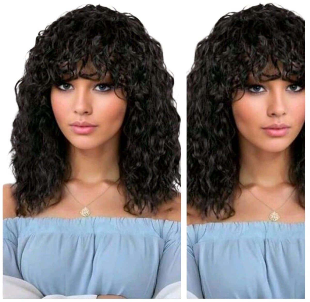 Frazimashop-Pruik van 100% Braziliaans Remy Human Hair – 16 Inch Krullend haar– Met Pony – Natuurlijk Zwart – Dames – Geen Lace – Echt Haar