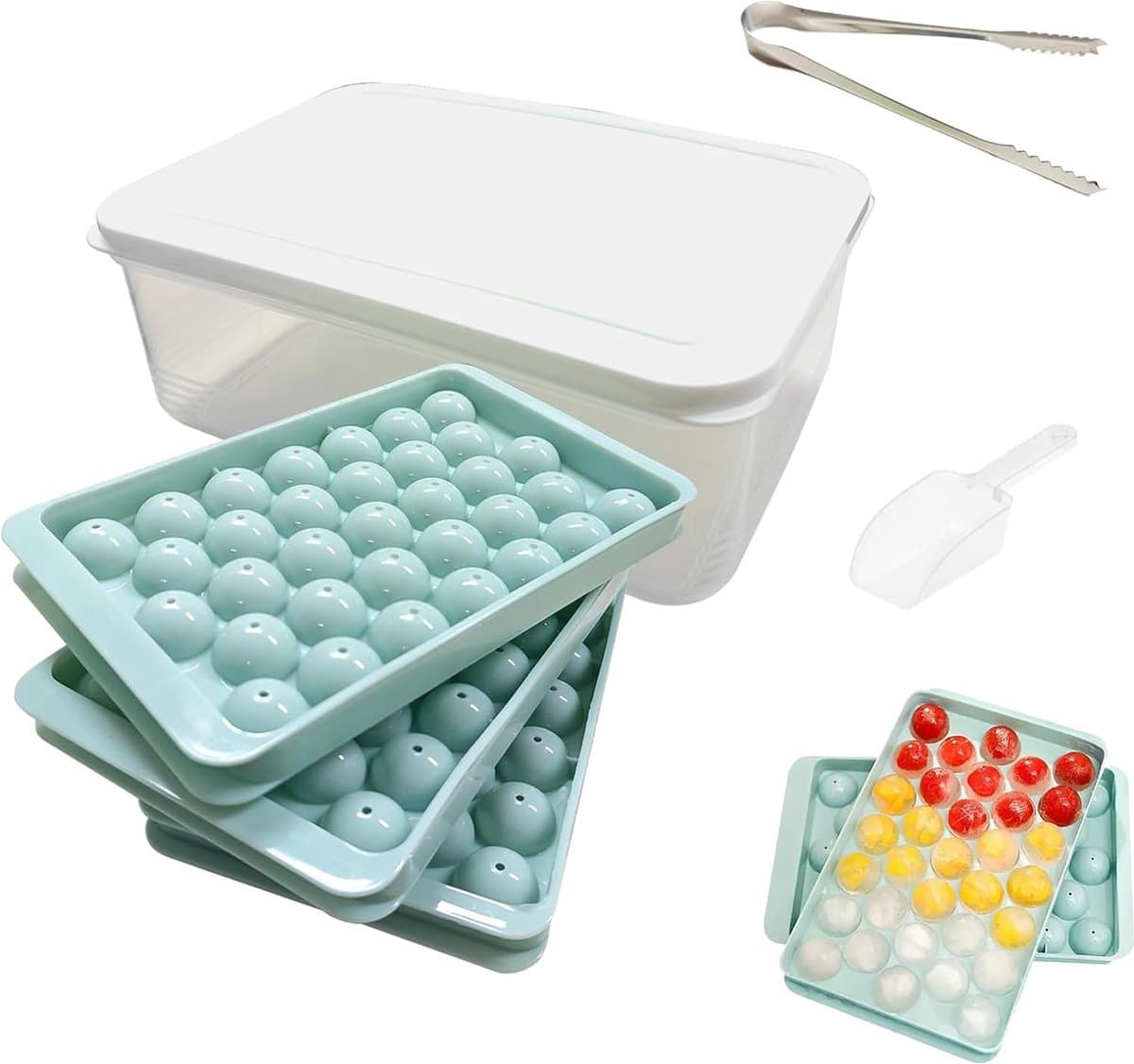6-delige ijsblokjesbakjesset, ronde ijsblokjesbakjes voor in de vriezer, ronde ijsblokjesbakjes voor verfrissende cocktails, whisky (3-pack blauwe ijsblokjesbakjes, container, tangen en schep)