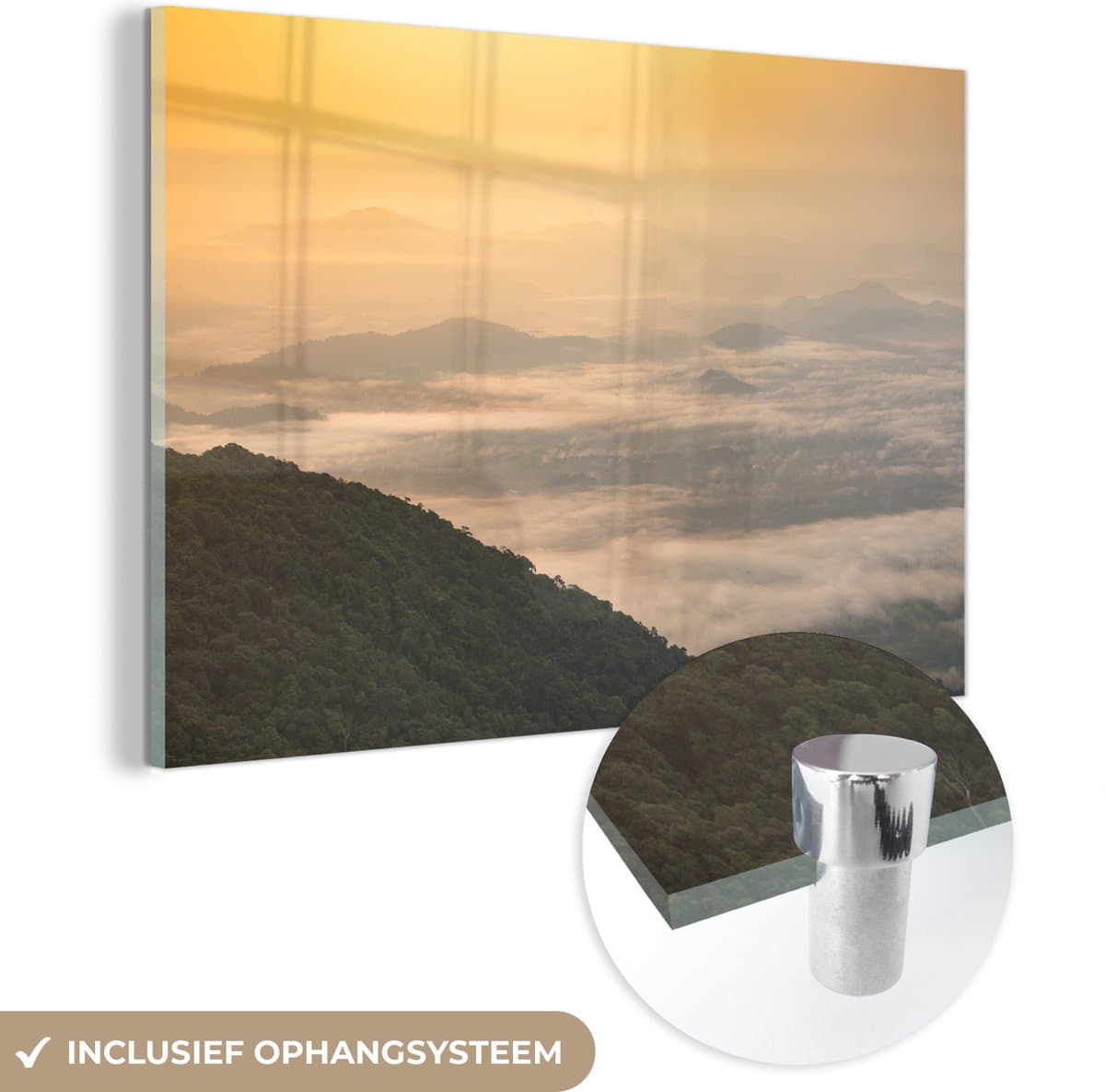 ® Glasschilderij 120x80 cm - Schilderij acrylglas - Gele wolkenlucht boven het Thaise Nationaal park Khao Khitchakut - Foto op glas - Muurdecoratie woonkamer - Wanddecoratie slaapkamer - Schilderijen