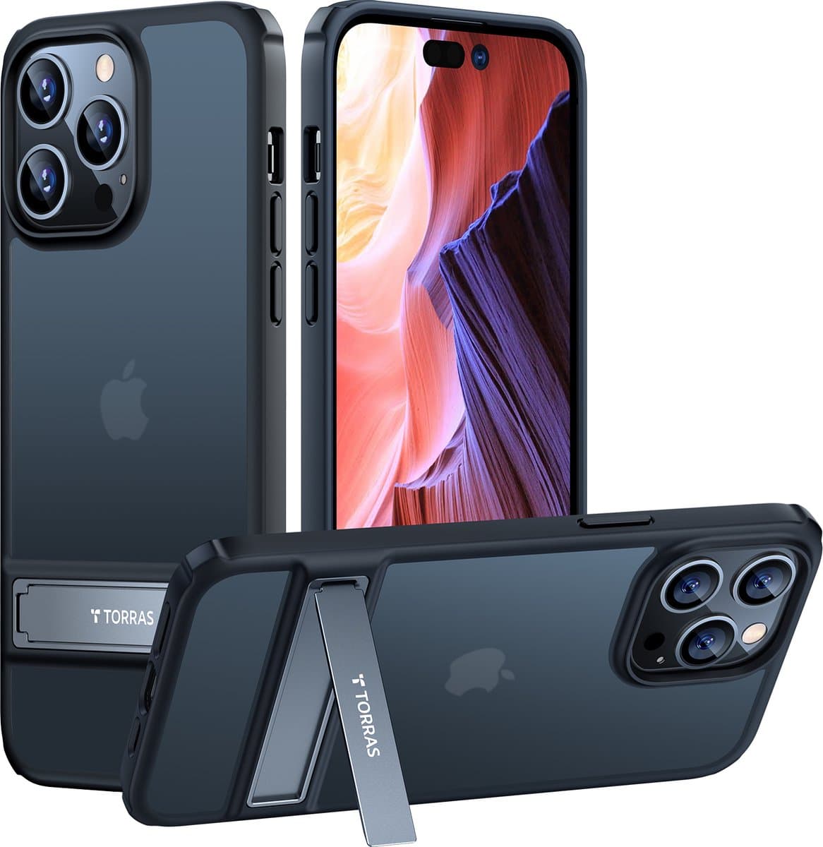 Torras geschikt voor iPhone 14 Pro Max Kickstand & Soft rand hoesje - Mat Zwart