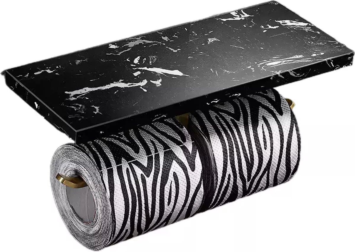 Marmeren toiletrolhouder met telefoonplankje - Toiletrolhouder voor 2 rollen wc papier - inclusief montage materiaal - Zwart & Goud