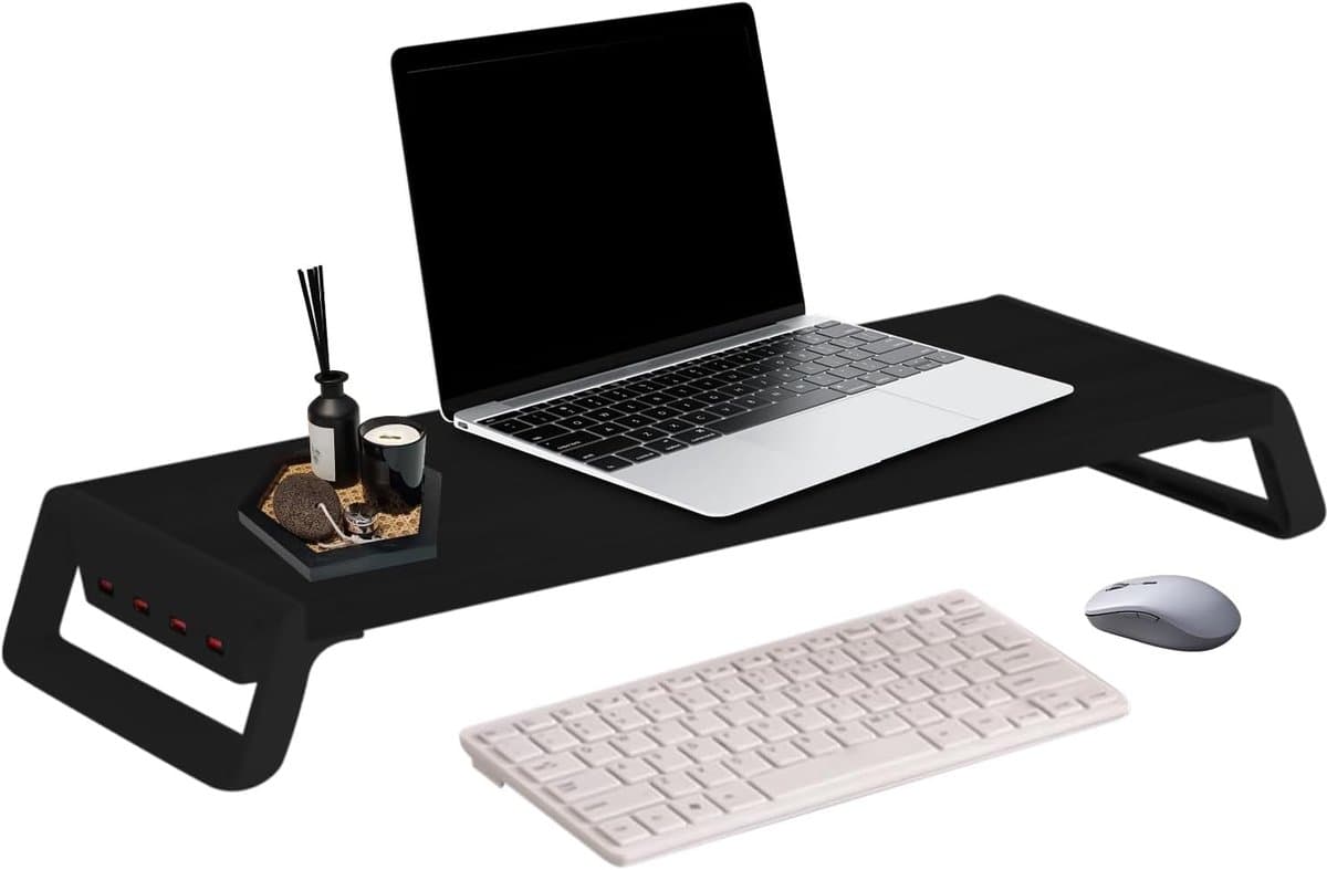 Monitor Verhoger - Bureau Organizer - Ruimte Optimalisatie - Met 4 USB Poorten - 50x20x7.5cm - Zwart