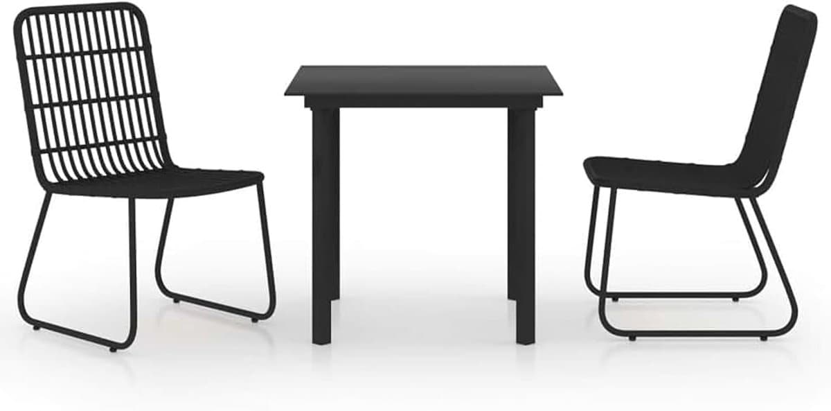 3-delige tuinmeubelset voor buiten, terras, balkon, huis, keuken, tafel, stoel, zachte zitting met rugleuning, synthetisch rotan en glas, zwart