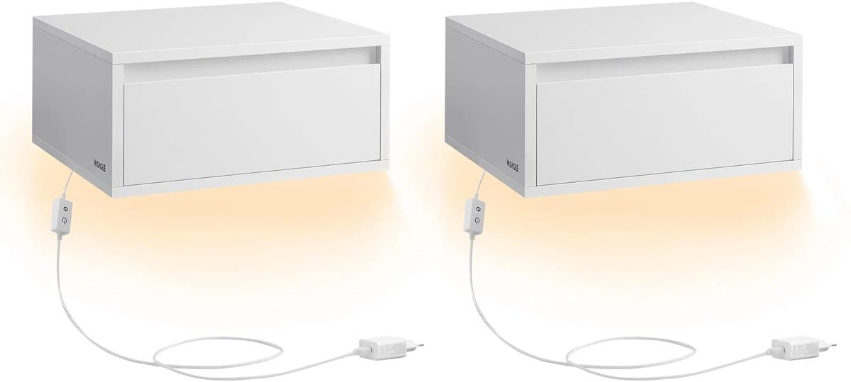 Brandistry - Nachtkastje - Zwevende Lades - Slaapkamer - Verlichting In 3 Kleuren - Set Van 2 Nachtkastjes - Wit - 40x35x20cm -