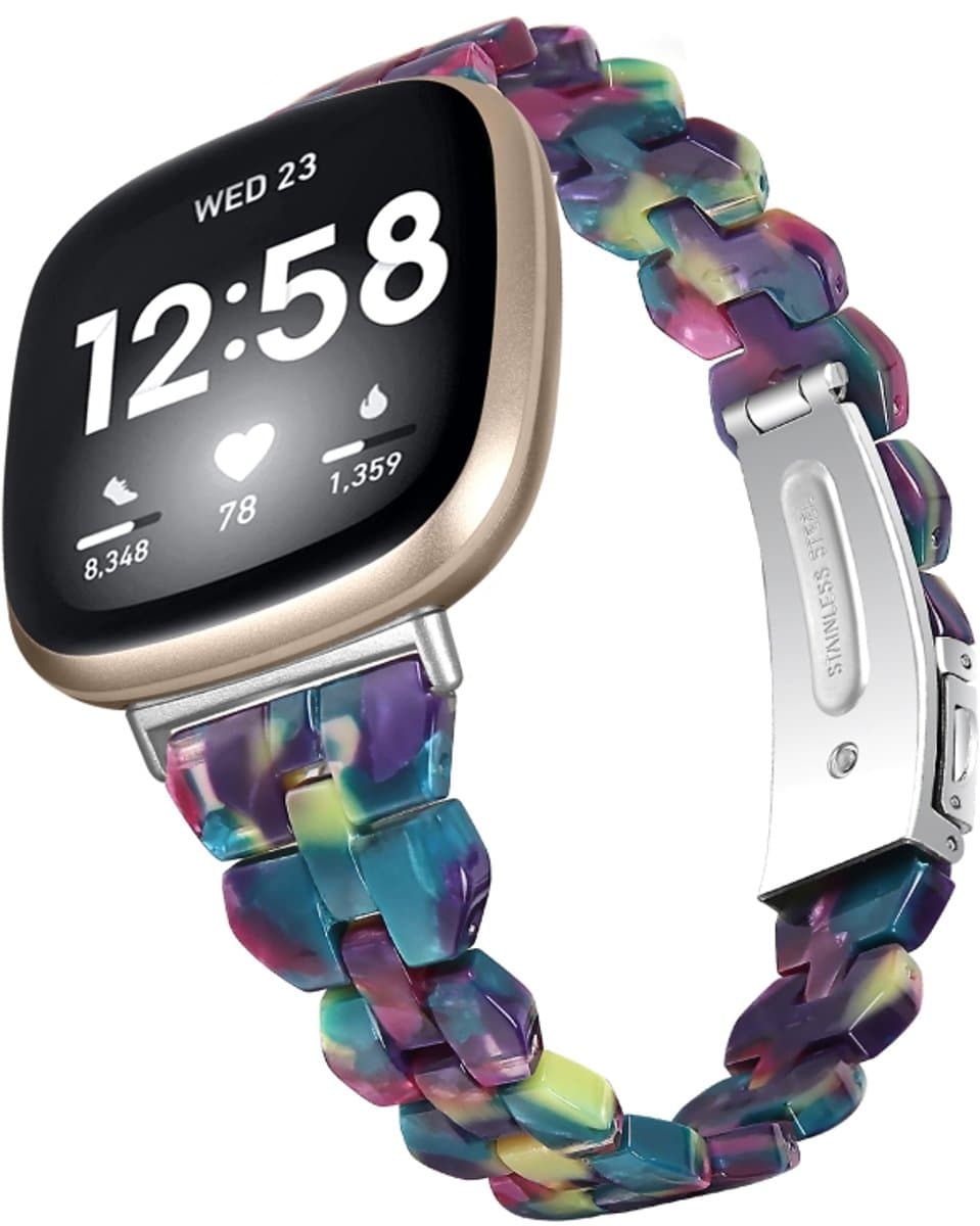 Voor Fitbit Versa 4 / Sense 2 Universal Rhombus Resin horlogeband (paarsgroene bloem)