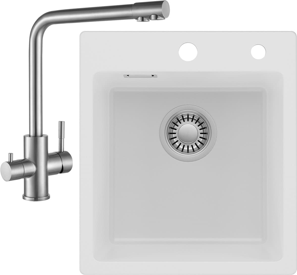 CECIPA max Spoelbak voor keuken 40x45CM - Graniet Spoelbakken Met 3 Wege Keukenkraan - Enkele spoelbak Wit - Met waterafvoersysteem - Voor 40 cm kast
