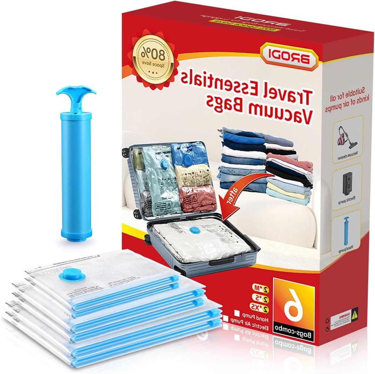 Reis stofzuigerzakken - Compressiezakken - Ruimte besparen - Met handpomp - 6 stuks - Transparant