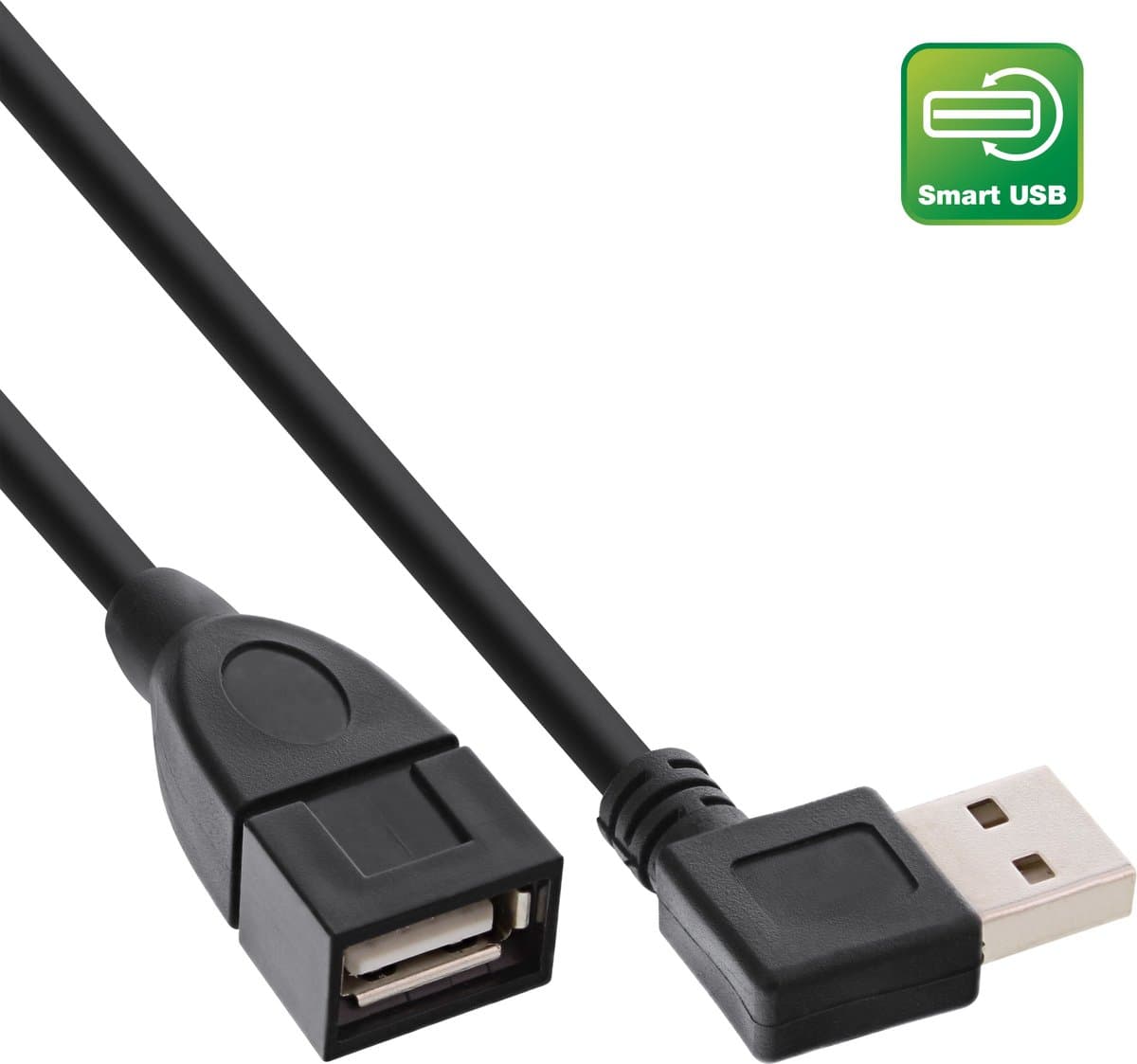 Easy-USB-A haaks (links/rechts) naar USB-A verlengkabel - volledig bedekt - USB2.0 - tot 2A / zwart - 0,20 meter
