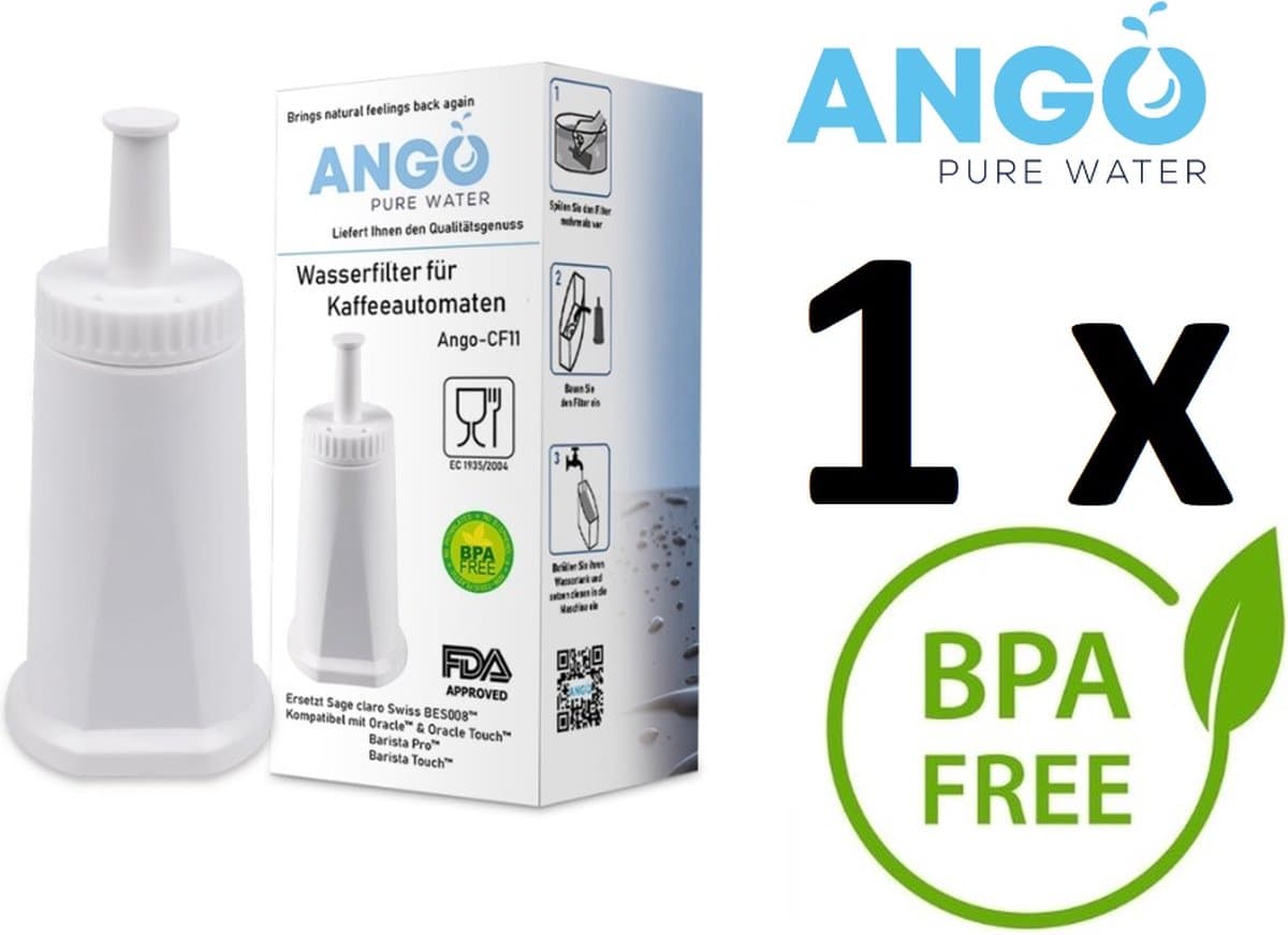 1 x ANGO waterfilter vervanging voor SAGE koffiemachines: Oracle Touch (SES990), Barista Pro (SES878), Oracle (SES980), Barista Touch (SES880), Dual Boiler (SES920), Barista Express (SES875), Duo-Temp Pro (SES810), Bambino Plus (SES500)