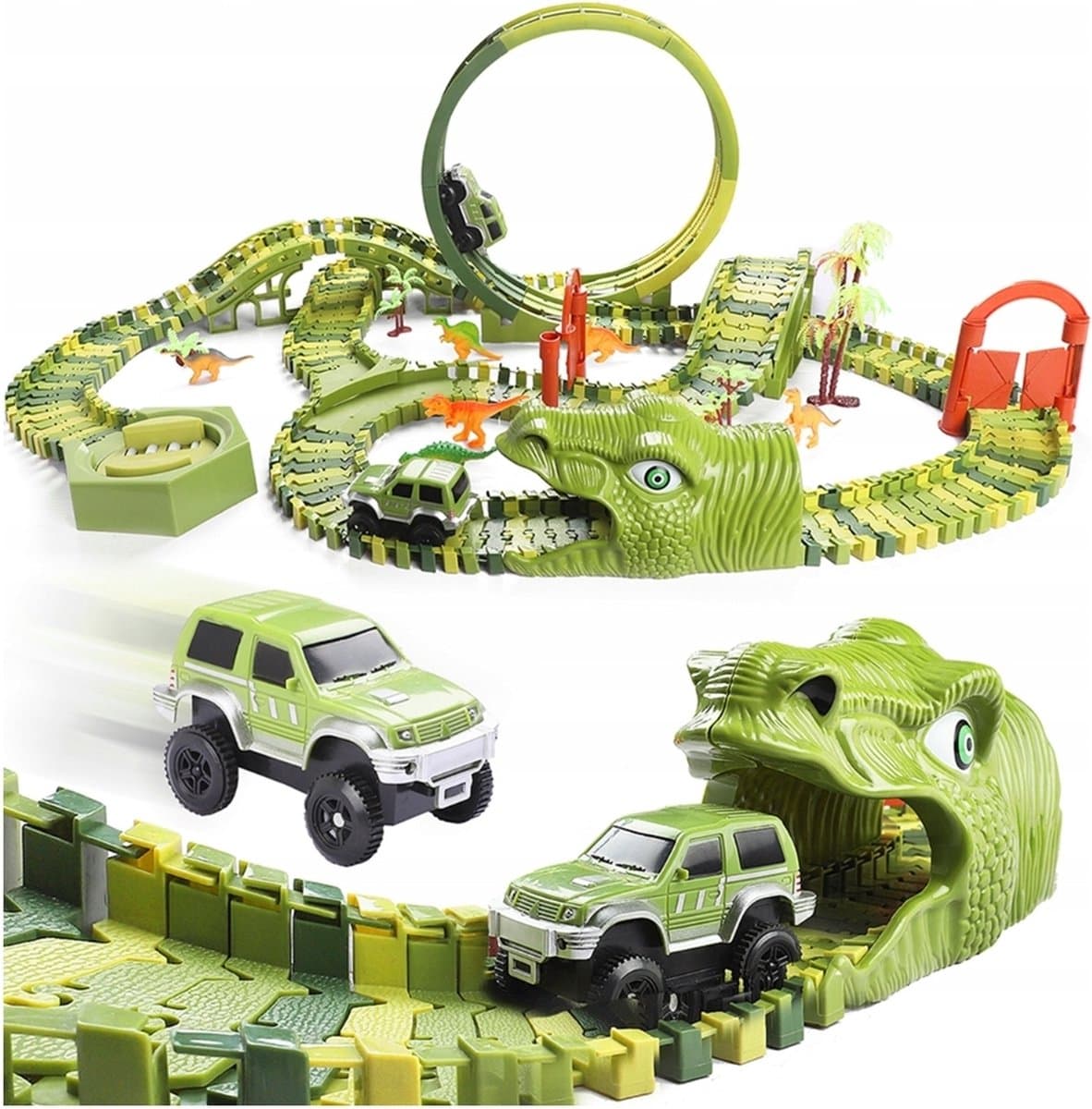 Ilso autobaan met dinosaurussen - 290 baan elementen - looping - racebaan jungle - Komt met Jeep en Dinosaurus - met dino's - Eenvoudig te Monteren - inclusief batterijen