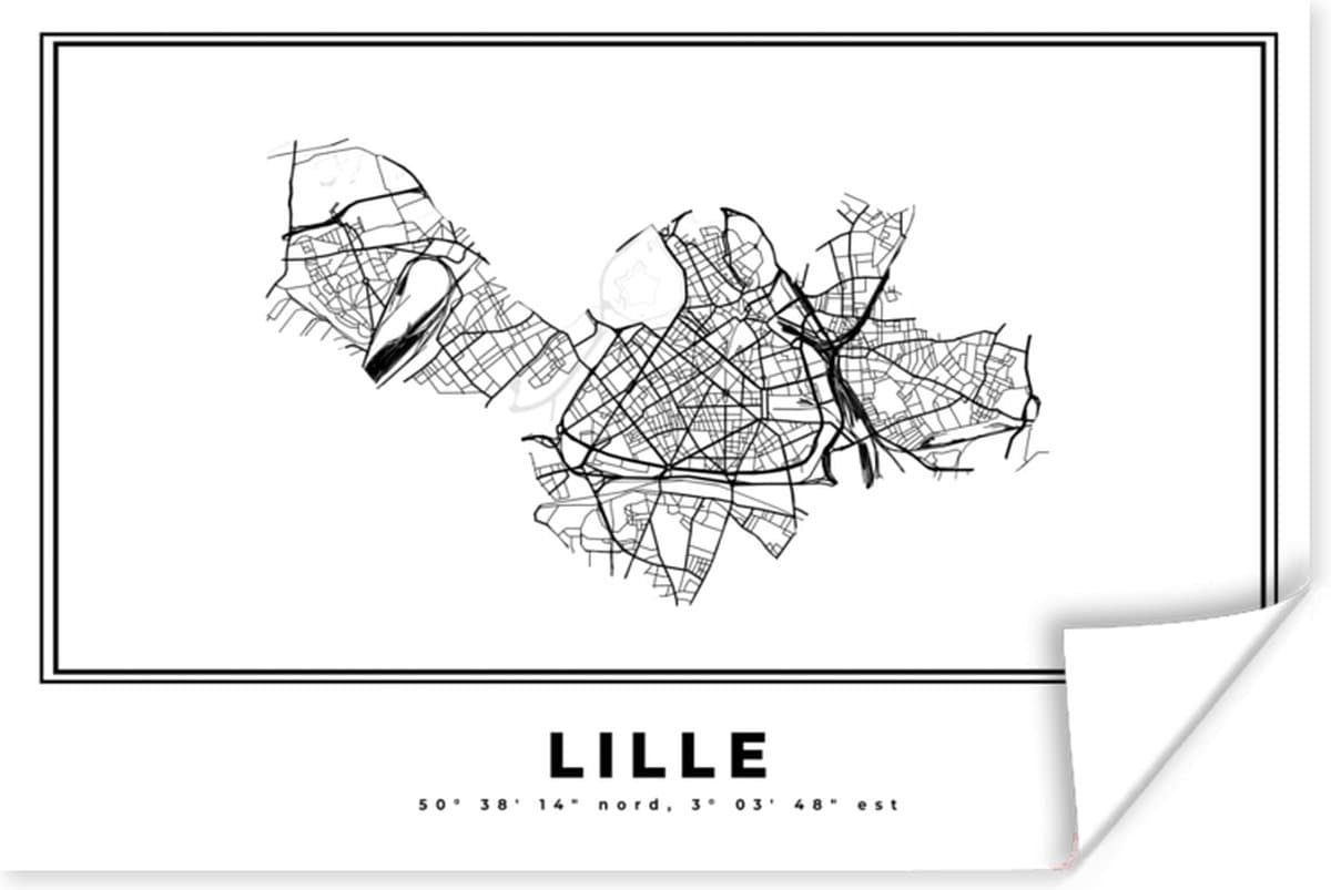 Poster 180x120 cm - Lille – Plattegrond - Zwart Wit – Stadskaart – Kaart - Posters - Kamer decoratie - Wanddecoratie woonkamer - Muurdecoratie slaapkamer XXL