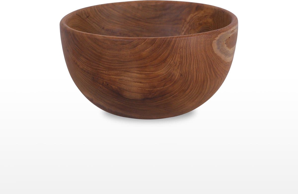 Set: Teakhouten Fruit / Sla schaal - rond - Ø 33 cm / 15 cm hoog & Beeswax wood polish