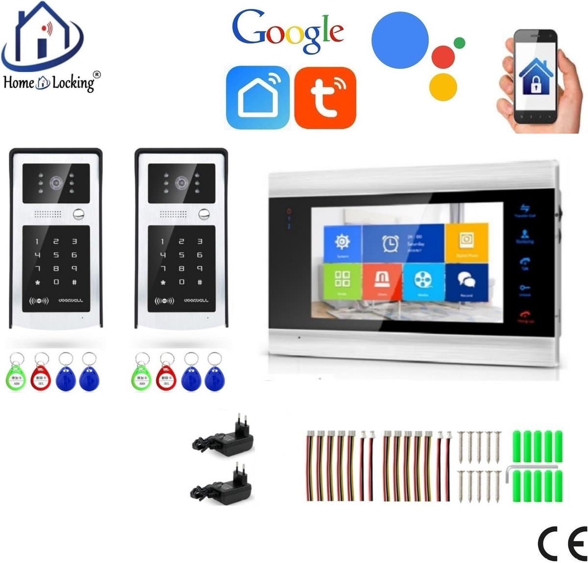 WIFI videofoon/intercom met 2 deurbel camera's + 1 binnen paneel/scherm en kan werken met spraak gestuurde apps. T-2103-2-1.