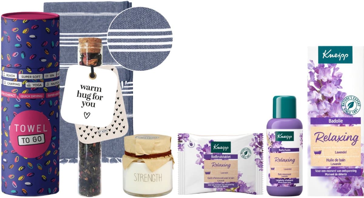 Kneipp Cadeauset Bad Relaxing Luxe Hamam Handdoek - Kneipp Bad Olie 100 ml Relaxing Lavendel - Kneipp Badbruistablet Pure Ontspanning - Kneipp Mini Badschuim 100 ml Relaxing - Towel To Go Hamamdoek Donkerblauw
