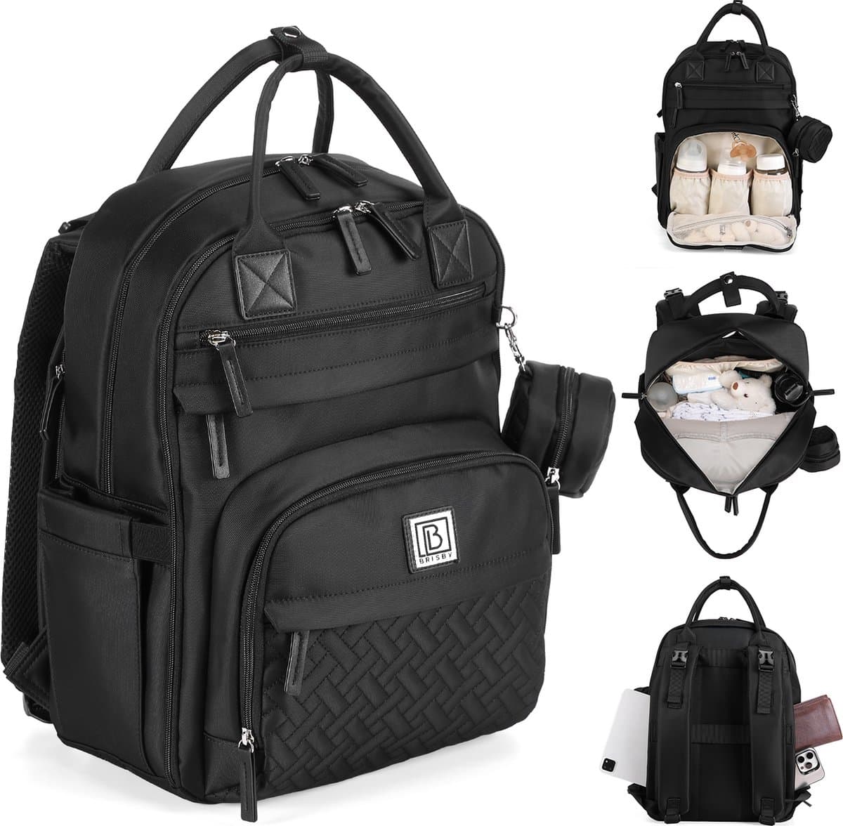 Brisby Premium Luiertas – Uitgebreide en Functionele Verzorgingstas – met buggymontage – Anti Diefstal Vakken - Reistrolley Sleeve - inclusief verschoonmatje t.w.v.15,99 euro en speenhouder - Levenslange Garantie - Zwart