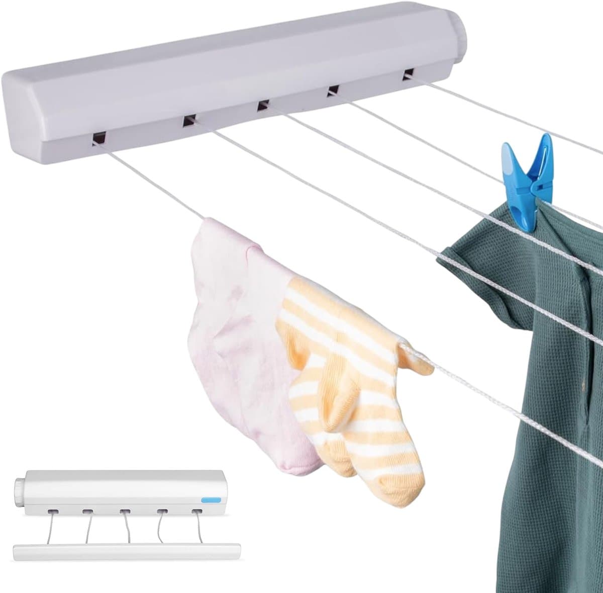 Waslijn uittrekbaar buiten en binnen - 5 lijnen - 4m draad - Droogrek Hangend - Wasrek Hangend - Geschikt voor kamperen, camper, camping - Uittrekbare - Rol drooglijn - Rekken - Luft