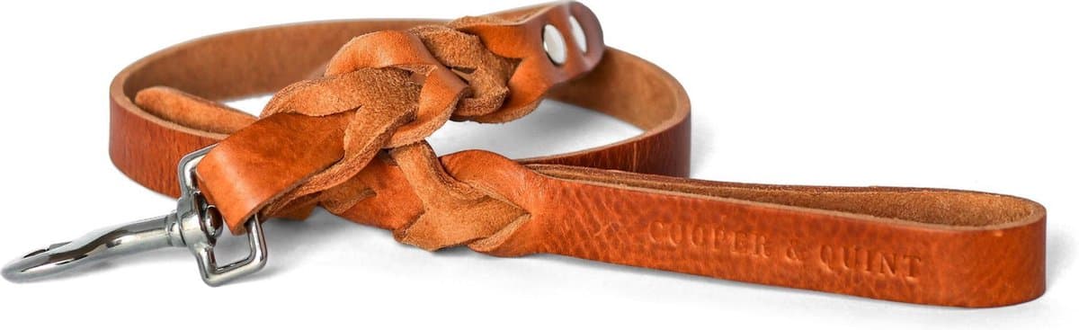 Cooper & Quint Twisted - Hondenriem gevlochten leer - Camel - 105cm - Zilver