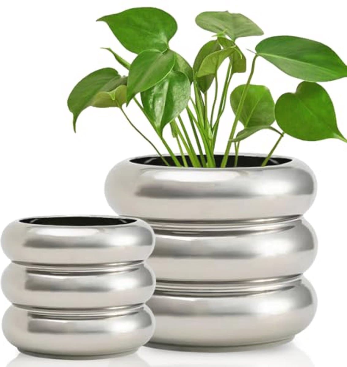 Moderne keramische plantenbak set van 2 - Zilveren plantenpotten met drainagegaten voor binnen en buiten