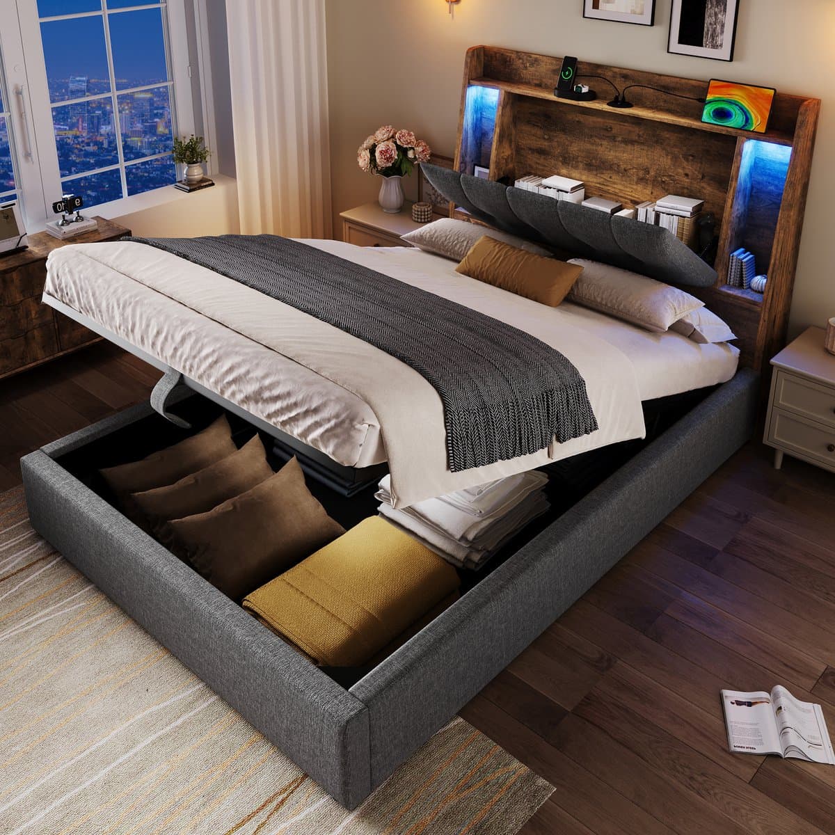 HAUSS SPOLE Gestoffeerd Bed 90x200cm - Eenpersoonsbed Met USB-C Oplaadpunt - Hydraulische Klap-Opbergruimte en Hoofdeindevak - Linnen MDF - Grijs - Zonder Matras