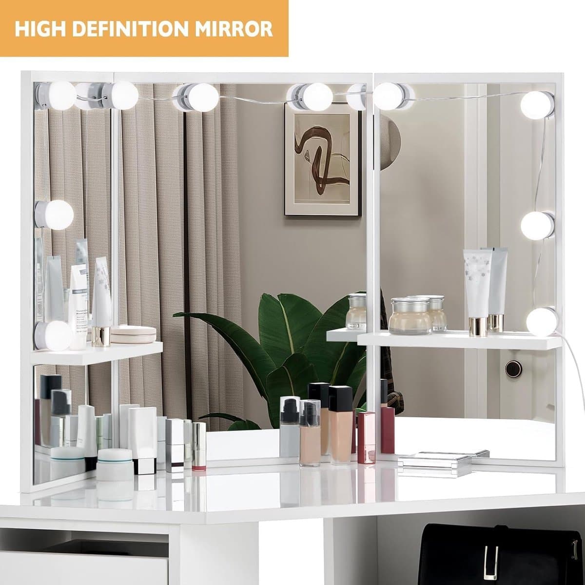 make-uptafel met grote Hollywood spiegel en 3 kleuren ledverlichting, kaptafel met 5 laden en kruk, moderne kaptafel slaapkamermeubels Novihome
