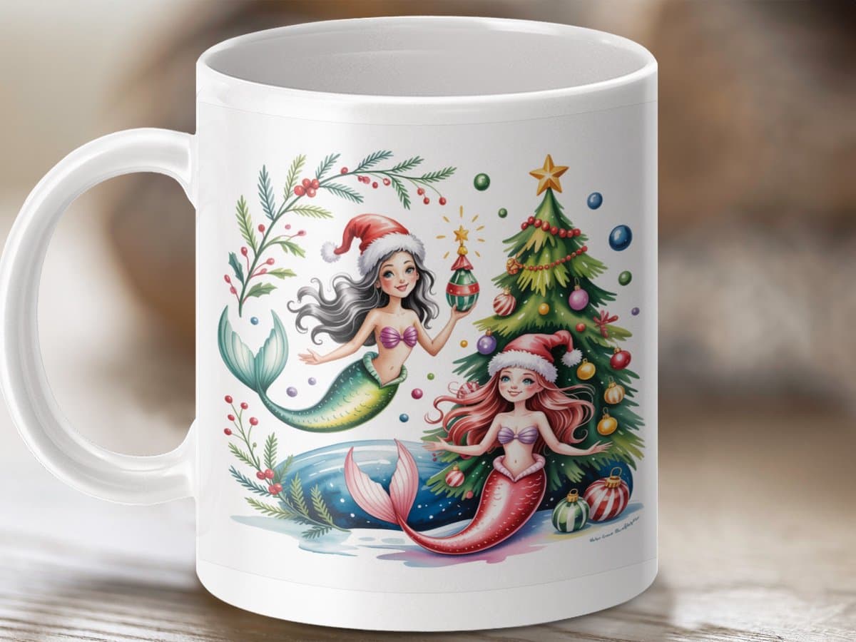 Mok Kerst Zeemeerminnen, Feestelijke Mok, Kerstboom Mok, Vakantie Mok, Zeemeermin Kerstcadeau, Nieuwigheid Koffiemok