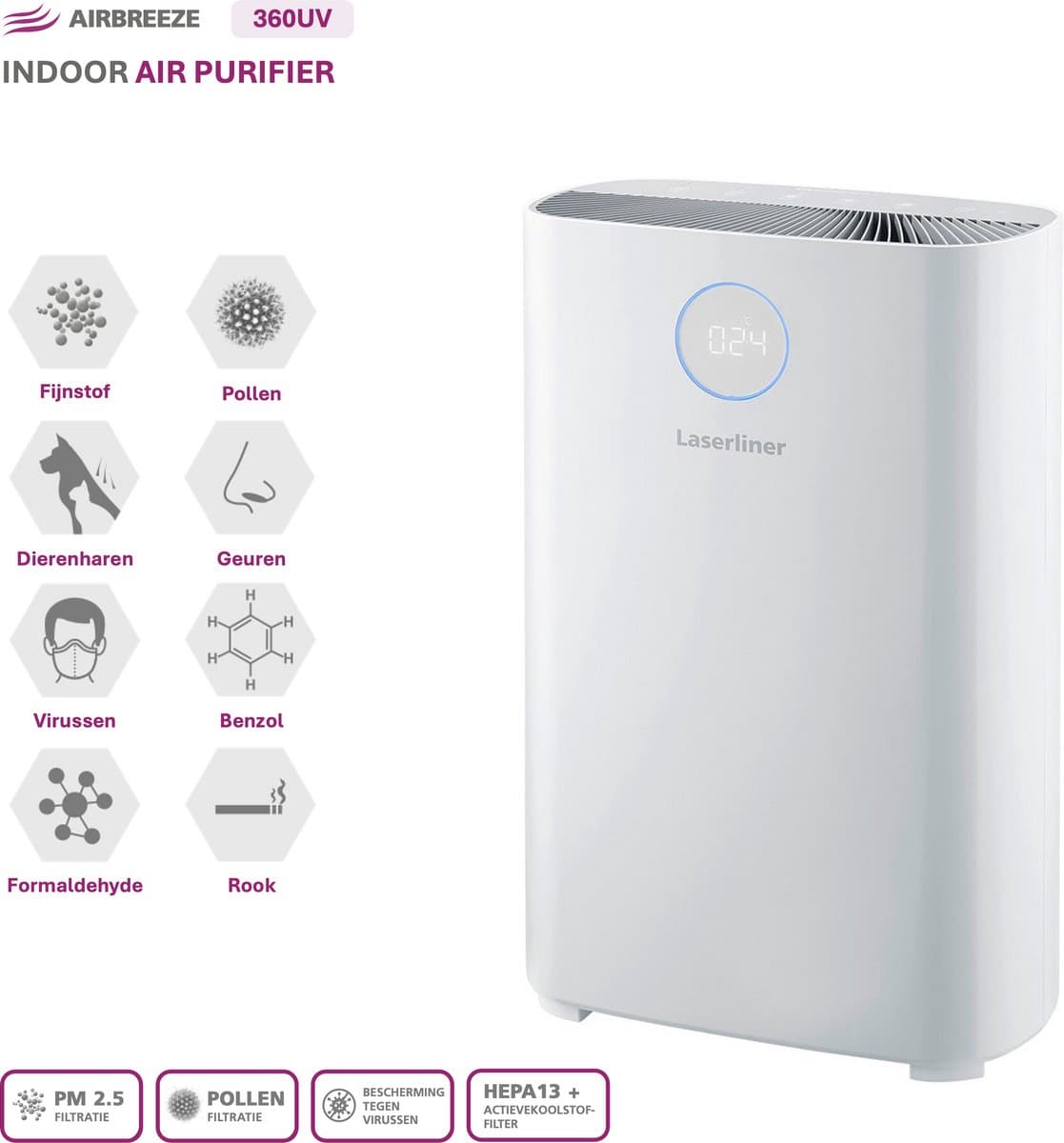 Laserliner AirBreeze 360UV - UV Luchtreiniger 360m³/h - HEPA13 - Inactiveren virussen/ bacteriën - Fijnstof 99,997% - Bijzonder stil < 20 dB - Verduisterend display - Wit design