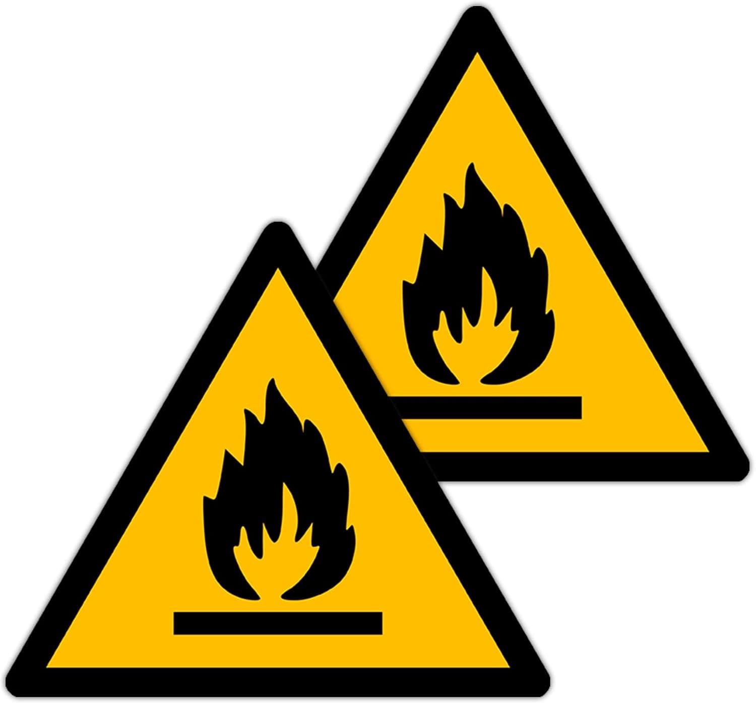 Ontvlambaar materiaal / schild driehoek W021 goedgekeurd, ASR A1.3, DIN EN ISO 7010 polyester geel zwart (150mm - 2 stuks)