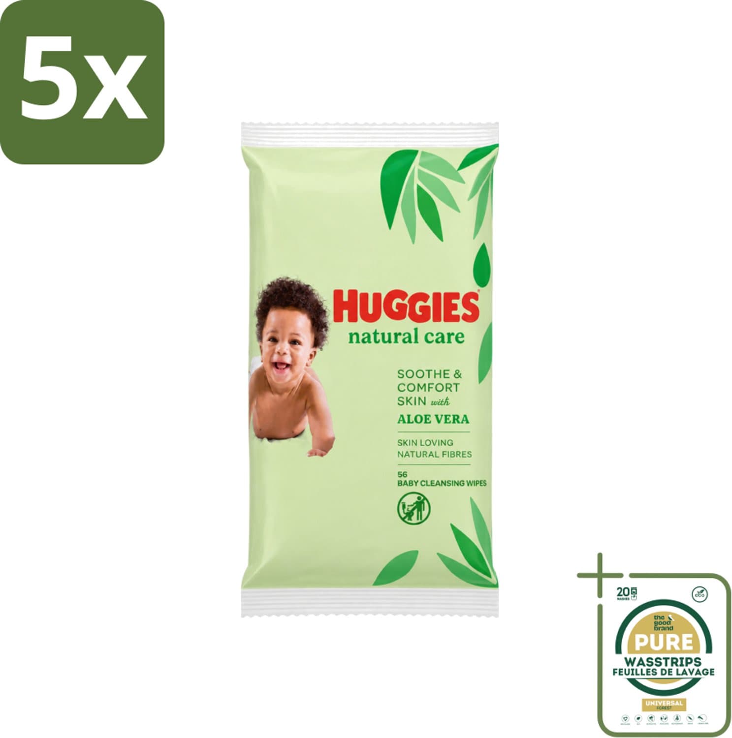 5 x Huggies - Billendoekjes - Huidvriendelijk - Met Aloë Vera - 56 Babydoekjes - Wasstrips - Billendoekjes Voor Baby - Zachte Reiniging - Hypoallergeen - Aloë Vera - Vitamine E