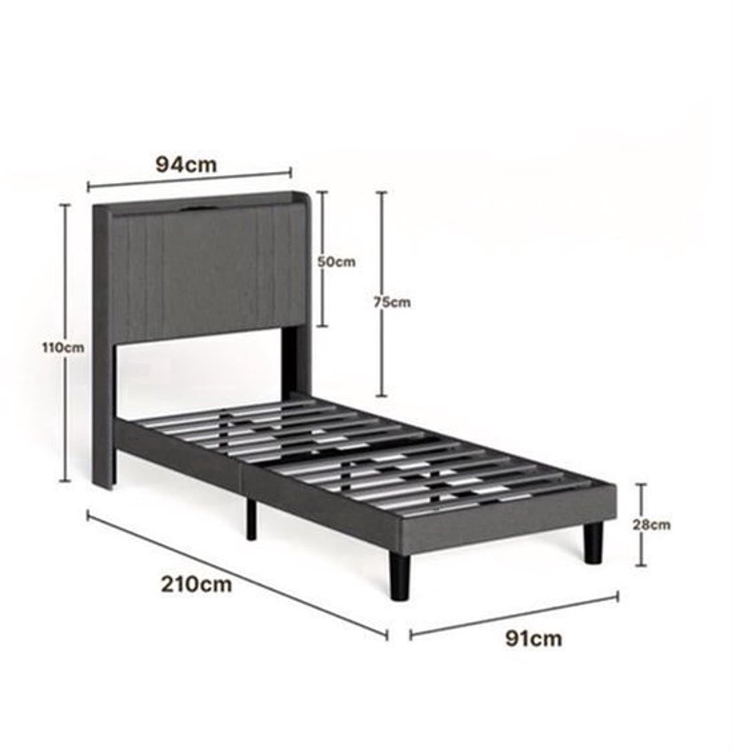 Eenpersoonsbed – Bedframe – Slaapbank – Opbergbed – Stijlvol Bed – Donkergrijs – Geluidsarm – 16 cm Opbergruimte Onderbed