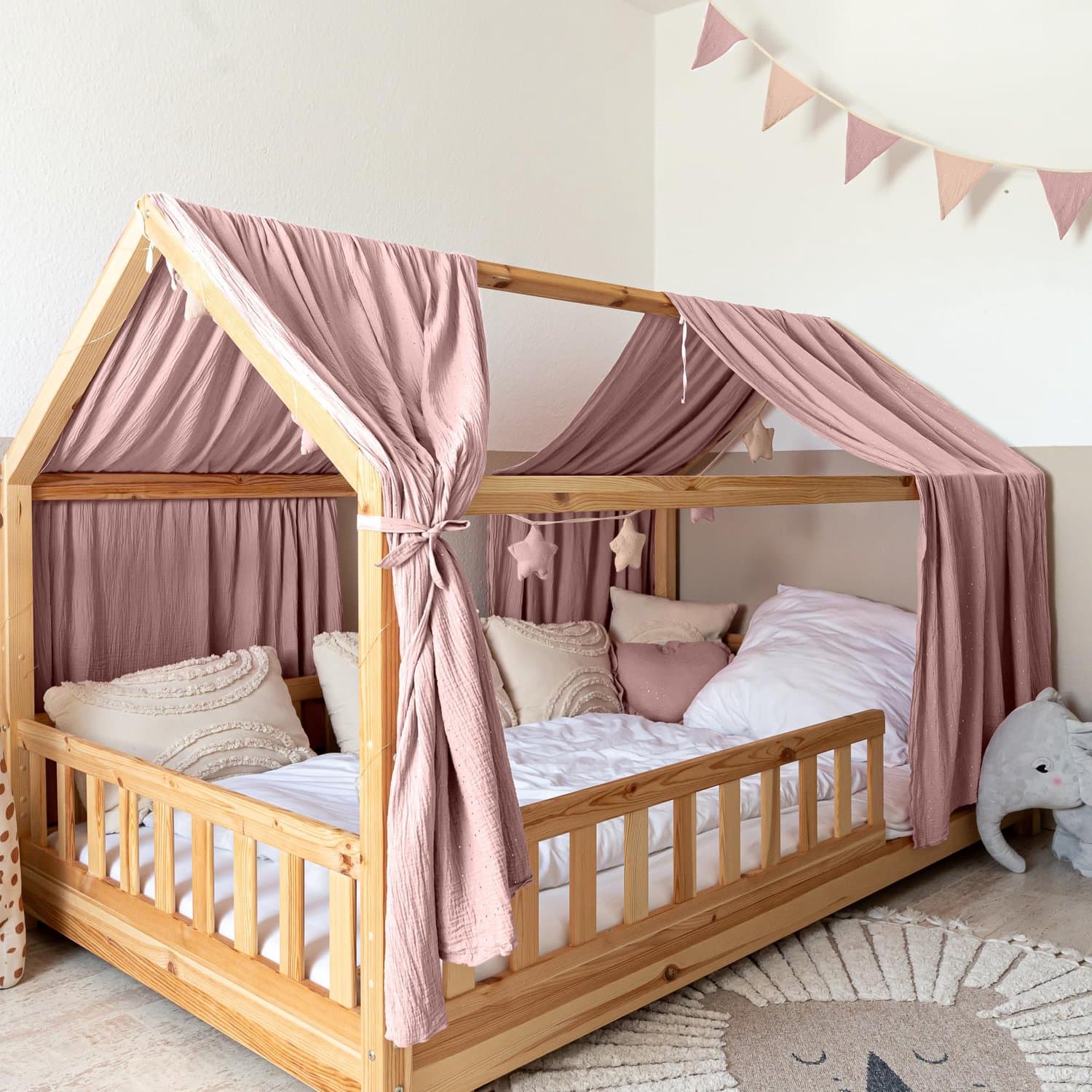 LILIMAUS Huisbed hemeltje - bedhemel voor huisbed - 67,5 x 320 cm - mousseline katoen - poederroze