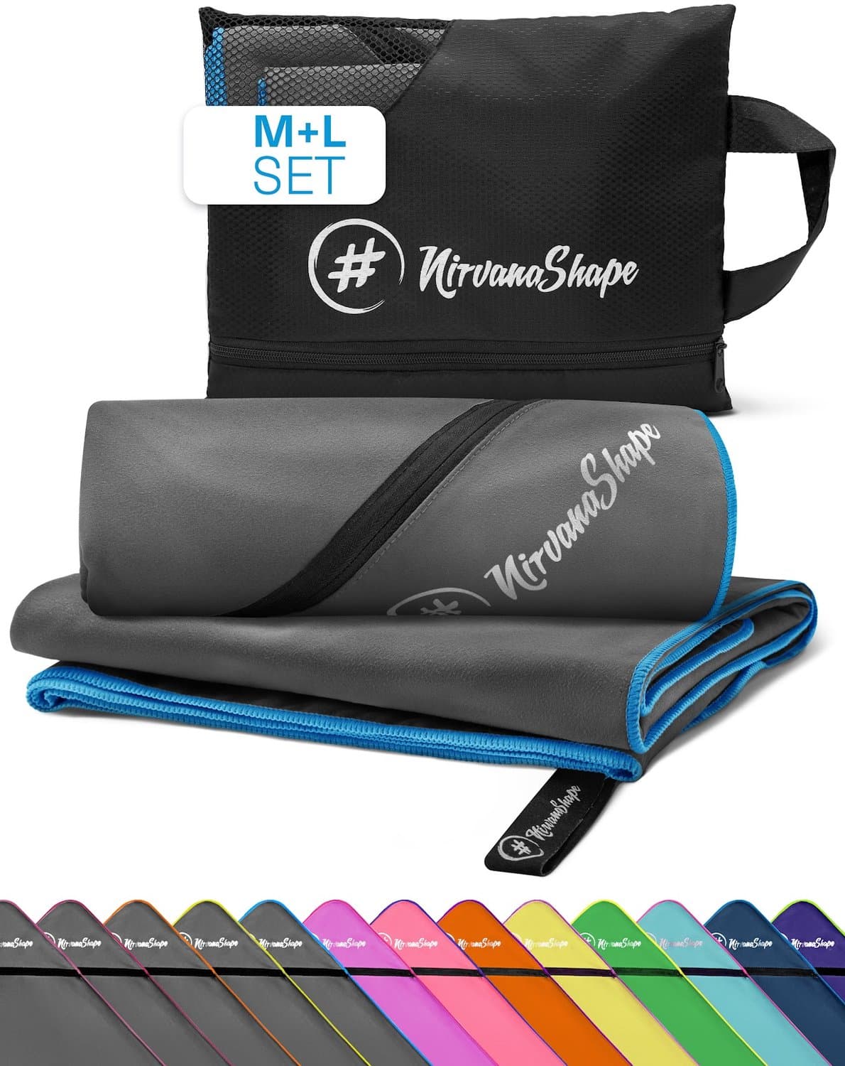 NirvanaShape - microvezel handdoek - strandlaken en badlaken - sneldrogend en absorberend - sporthanddoek met slimme hoekzak - set van 2: 140 x 70 cm + 120 x 60 cm - Grijs / Blauwe Rand