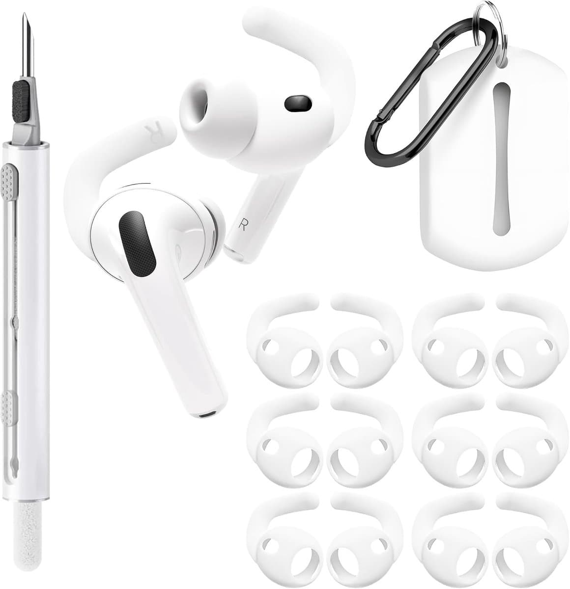 6 paar oorhaken voor AirPods Pro 3 (2025) met reinigingsset en opbergtas, zachte siliconen oordopjes voor sport, antislip opzetstukken voor AirPods Pro 3