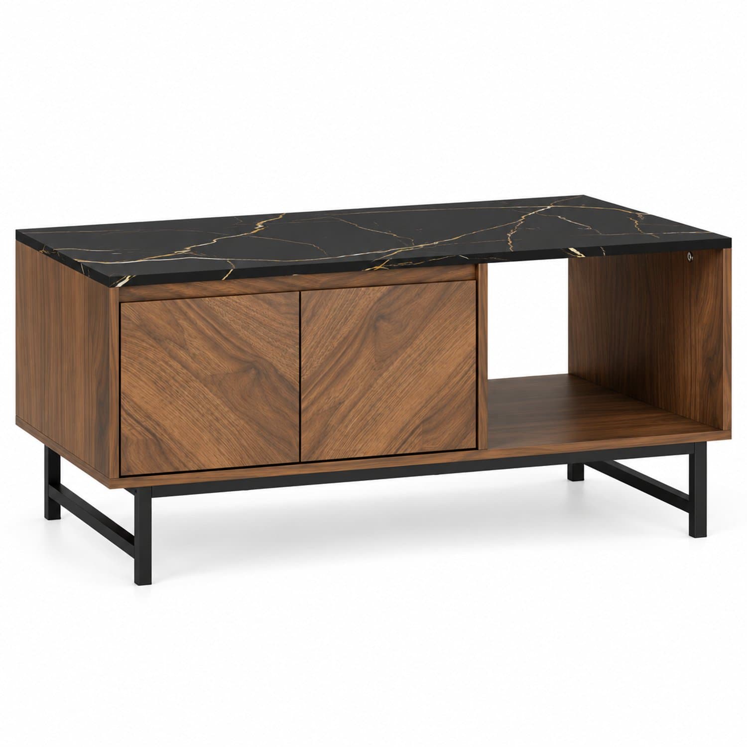 Luxevo Salontafel - Woonkamertafel met Opbergruimte - 2 Deuren en Open Vak - Marmerlook & Walnoot - Metalen Frame - 100 x 45,7 cm