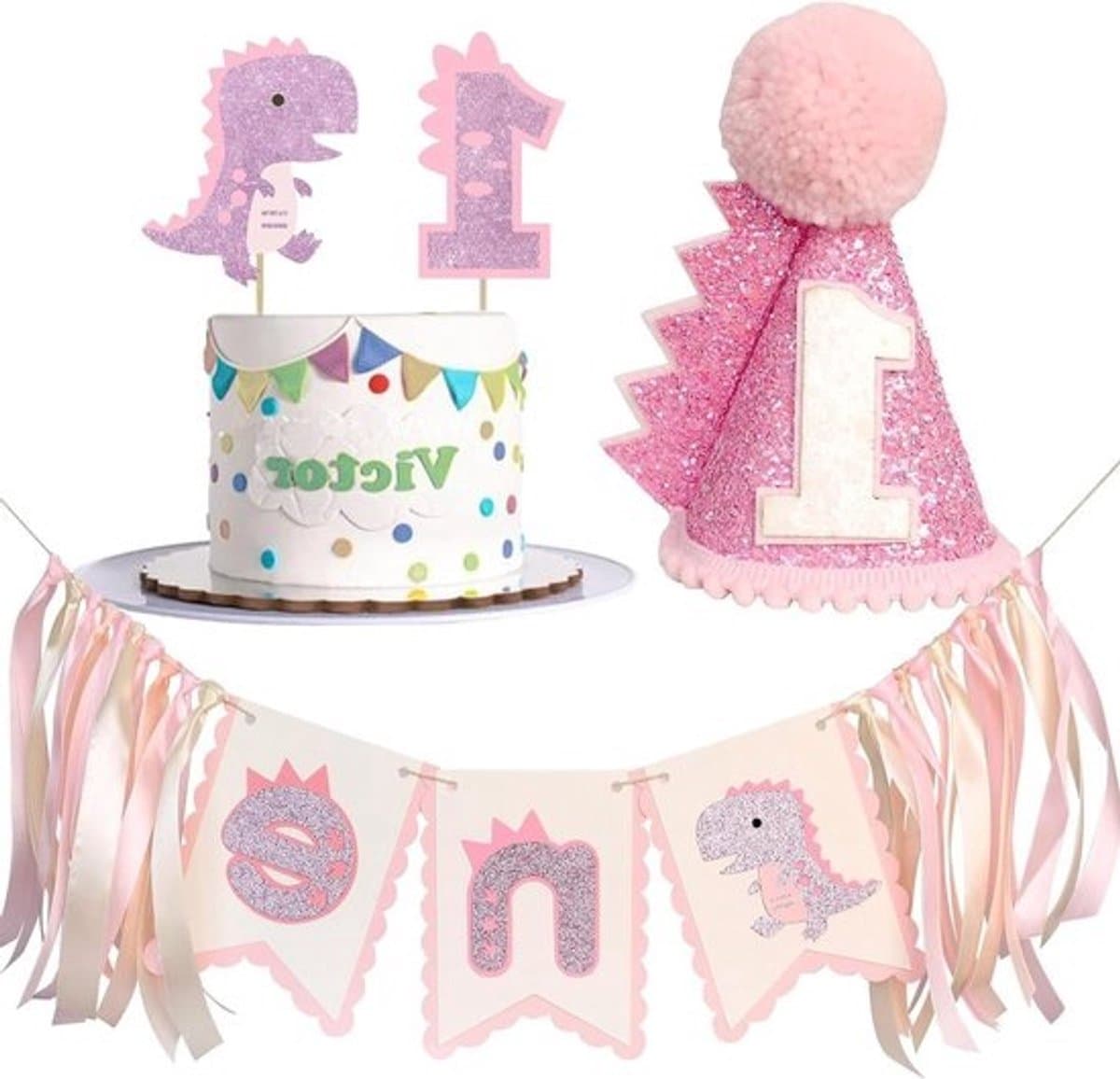 Banner voor kinderstoel - Verjaardagsdecoratie - Feestversiering - Unieke dinosaurusset - 71 cm - Roze