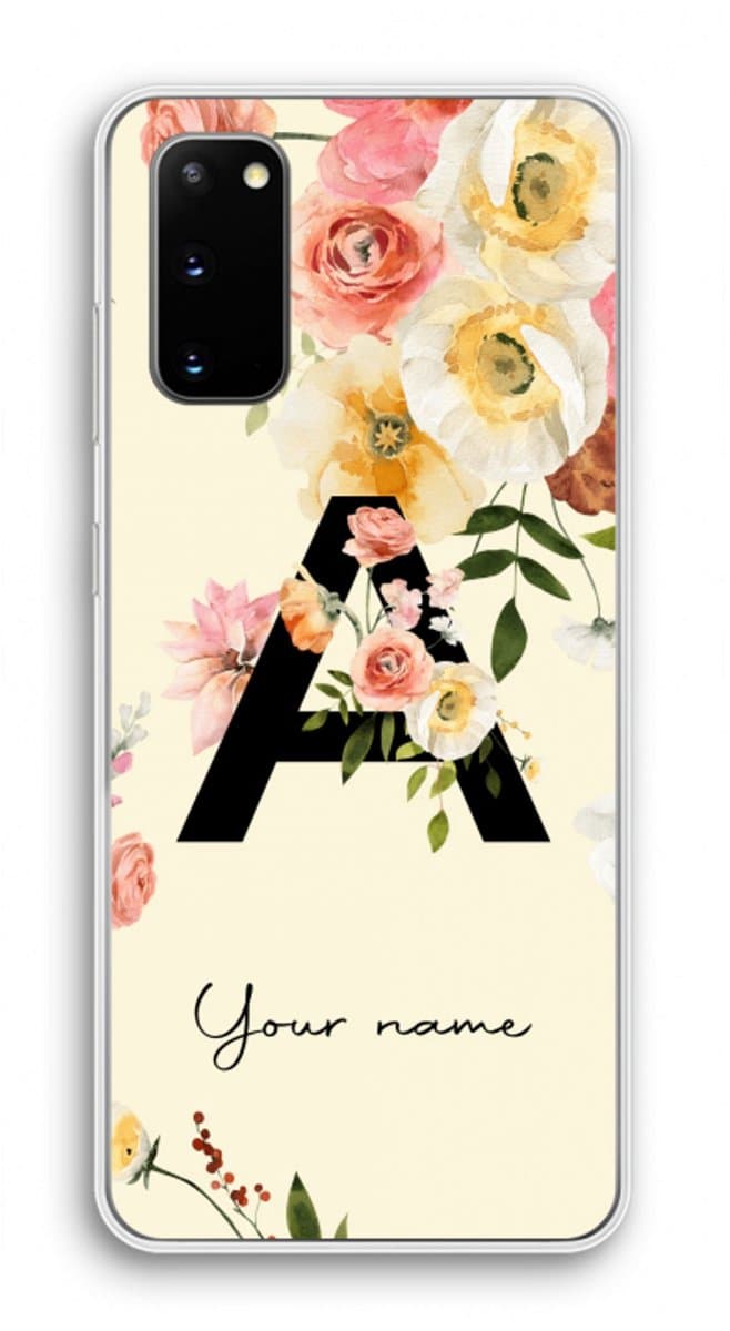 Gepersonaliseerd - Case Company® - Hoesje geschikt voor Samsung Galaxy S20 hoesje - Flirty Flowers Monogram - Soft Cover Telefoonhoesje - Bescherming aan alle Kanten en Schermrand