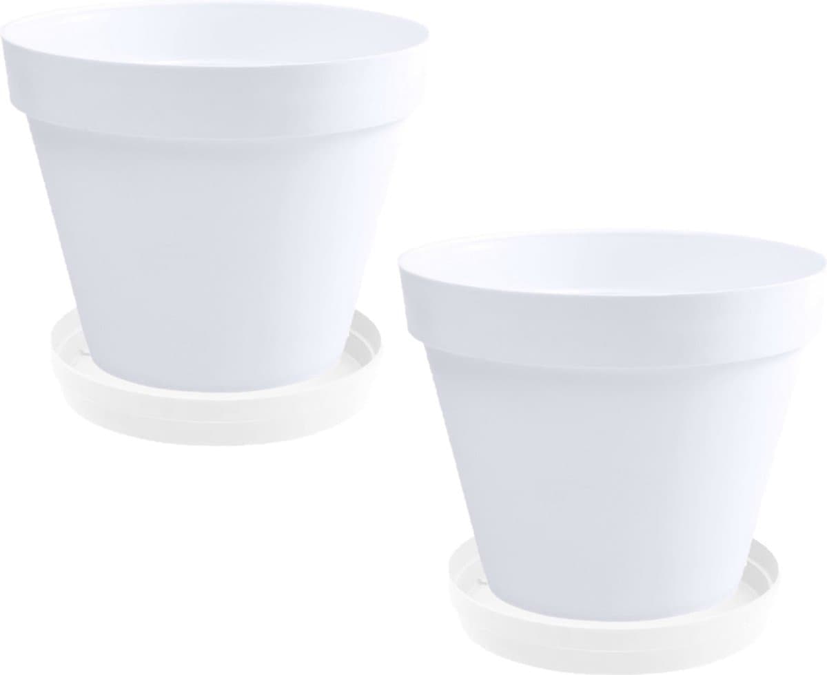 Set van 3x stuks bloempotten Toscane kunststof wit D20 x H17 cm inclusief onderschalen D15 cm - Plantenpotten set
