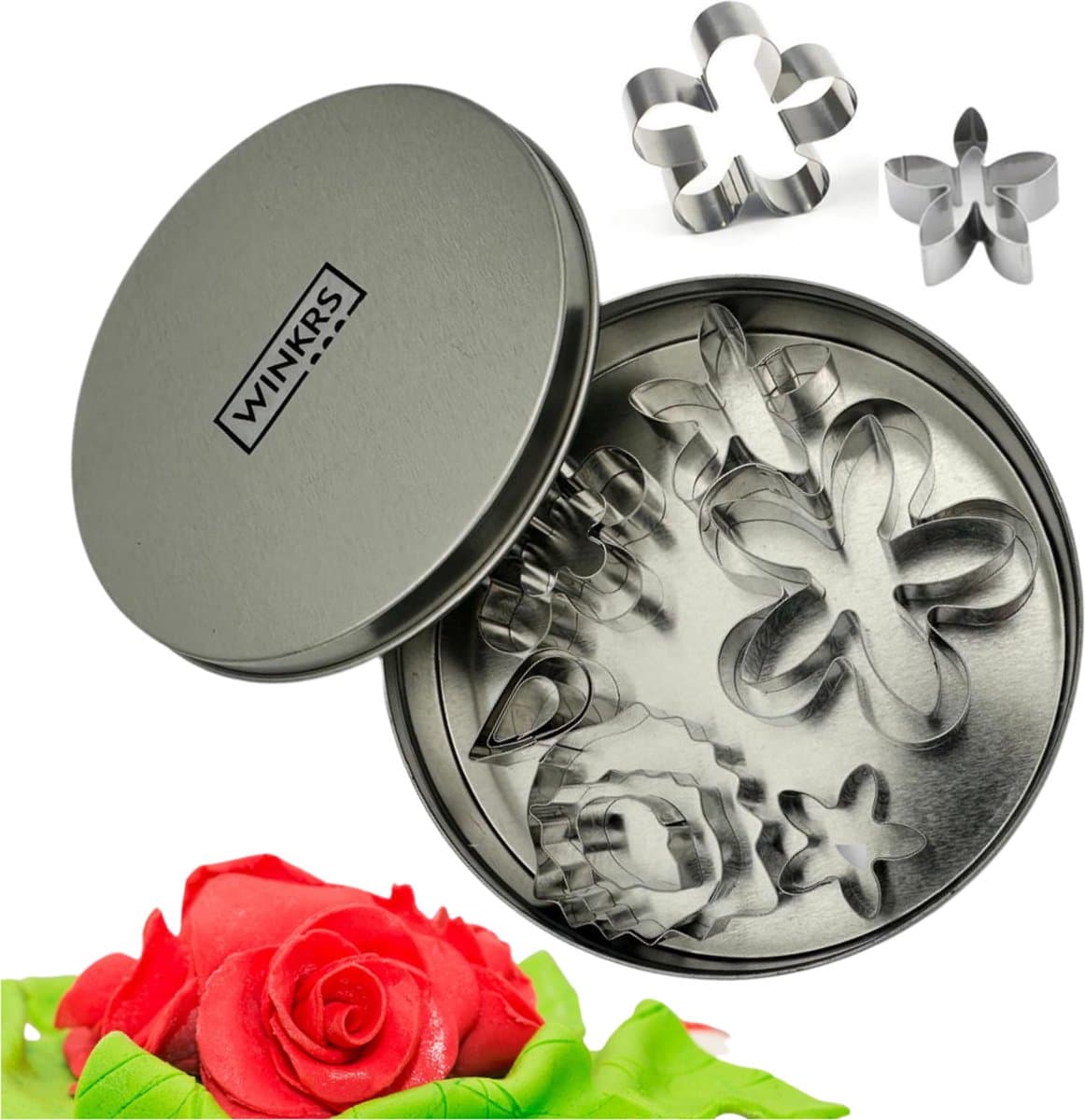 Uitsteekvormpjes Set - 12 Verschillende Bloemblaadjes Vormen voor fondant bloemen in een Rond Blikje Cookie Cutters