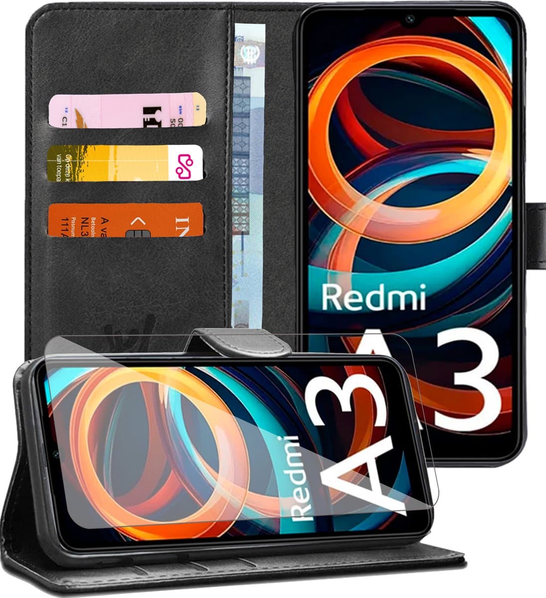 Hoesje geschikt voor Xiaomi Redmi A3 - Screenprotector Glas - Portemonnee Book Case Zwart