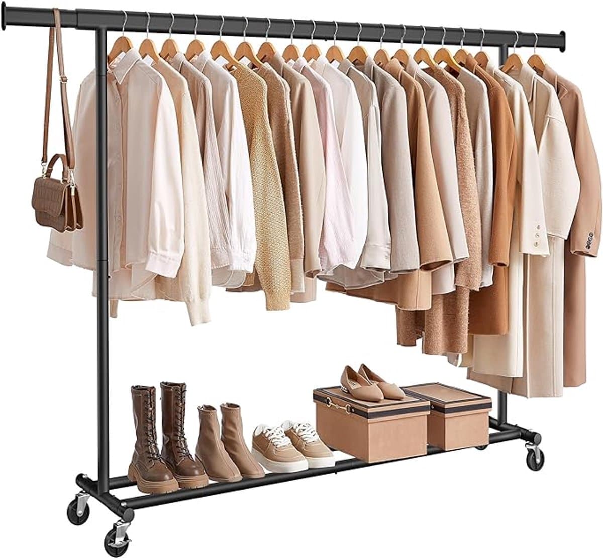 Conway Living® - Kledingrek op Wieltjes - Heavy Duty Verrijdbaar Kledingrek - Garderoberek - Verstelbare kledingstang - Uitschuifbare Kledingstang - Verstelbare Hangstang - Stabiel tot 150 kg - Zwart