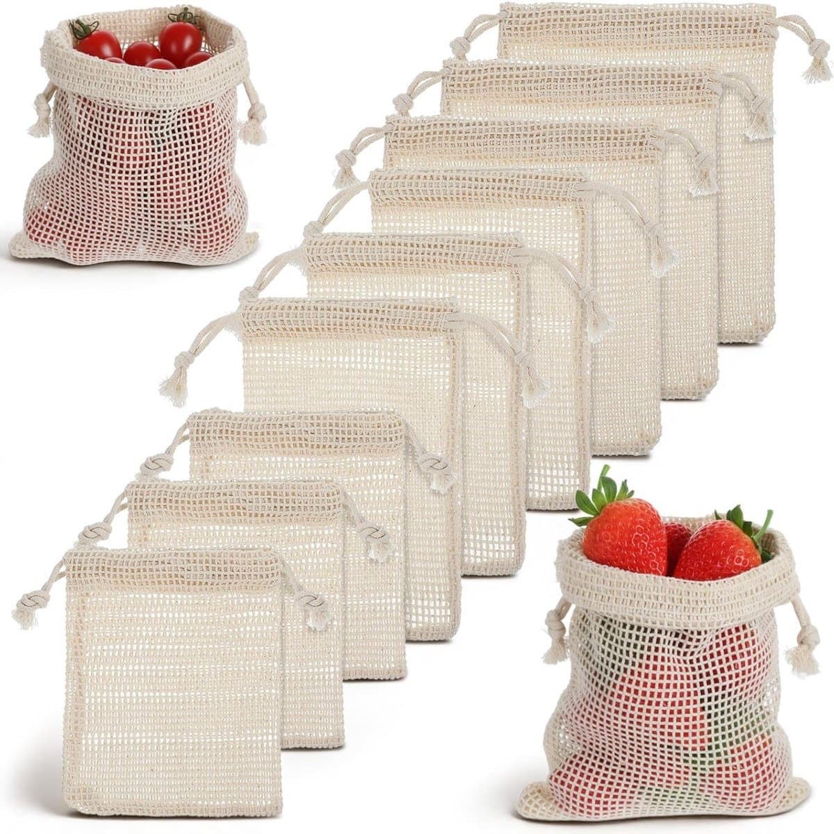 Herbruikbare Katoenen Netzakken voor Groenten en Fruit - 9 Stuks, Ideaal voor Koelkast, Aardappelen en Boodschappen