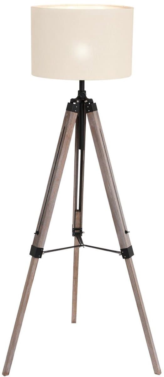 Vloerlamp Triek 7176ZW uitschuifbaar driepoot met grof linnen witte lampenkap van Mexlite, hoogte verstelbaar van 140-165 cm, metaal en textiel, landelijk design