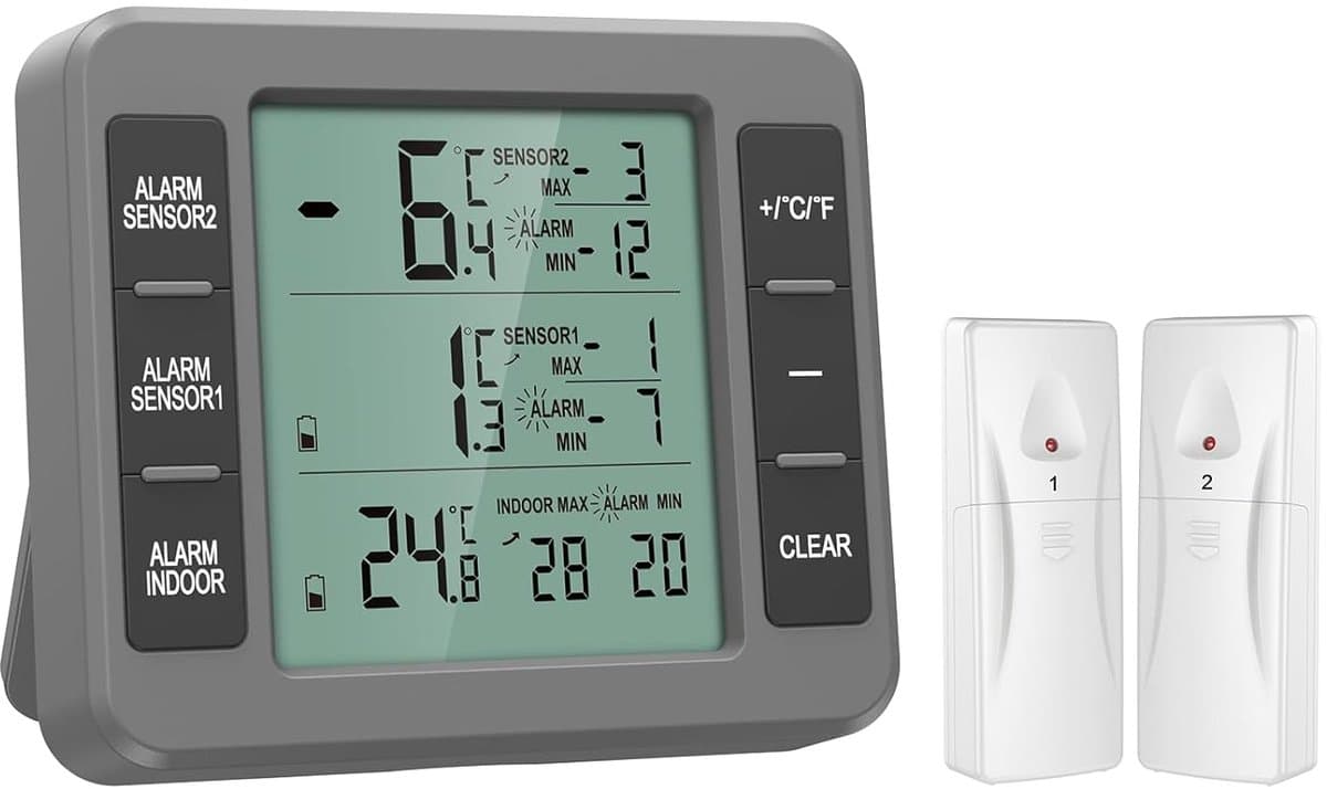 Digitale Koelkastthermometer - Vriezer Hygrometer - Temperatuur Monitoren - Dubbele Draadloze Sensoren - 100m Bereik - Grijs