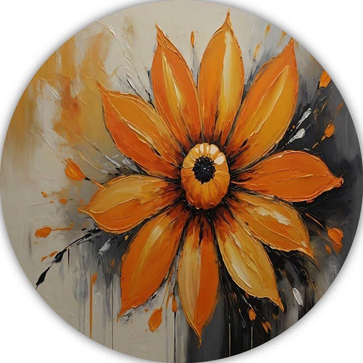 Bloem schilderij muurcirkel - Wanddecoratie bloemen - Woonkamer verfraaien - Unieke designs - 60x60 cm - Oranje geel zwart
