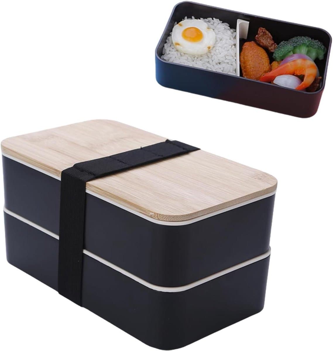 Stapelbare Lunchbox - Dubbellaagse Opbergdoos - Maaltijden Onderweg - Inclusief Bestek - 20x11x10 cm - Zwart